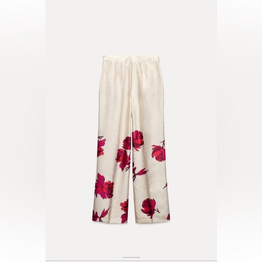 ZARA FLORAL PRINT SATIN EFFECT PANTS